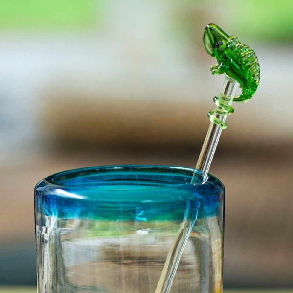 2 Iguana-Themed Handblown Recycled Glass Drink Stirrers 'Iguana Cheers'