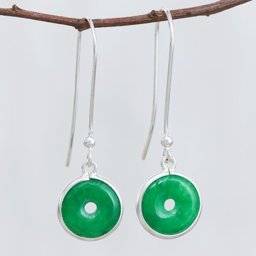 Circular Jade Dangle Earrings Crafted in Thailand 'Green Rings'