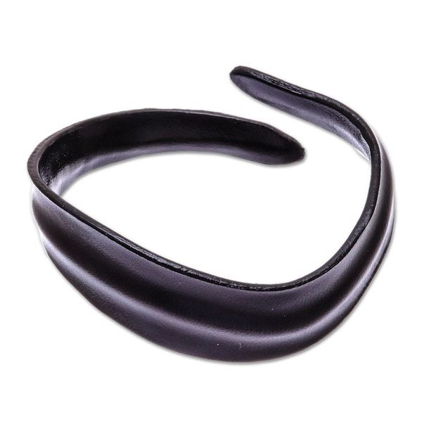Alternate image for Handmade Leather Wristband Bracelet in Black from Thailand Wavy Embrace in Black
