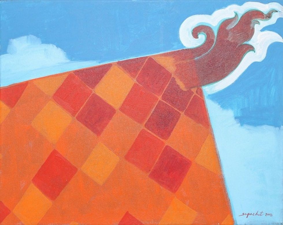 Signed Naif Painting of a Red Roof from Thailand 'Thai Roof I'