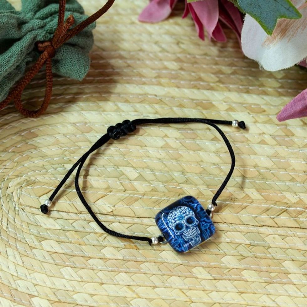 Decoupage on Glass Bracelet with Blue Skull-Themed Pendant 'Stunning Skull'