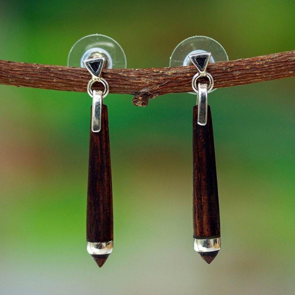 Artisan-Made Bocote Wood and Sterling Silver Dangle Earrings 'Sylvan Puissance'