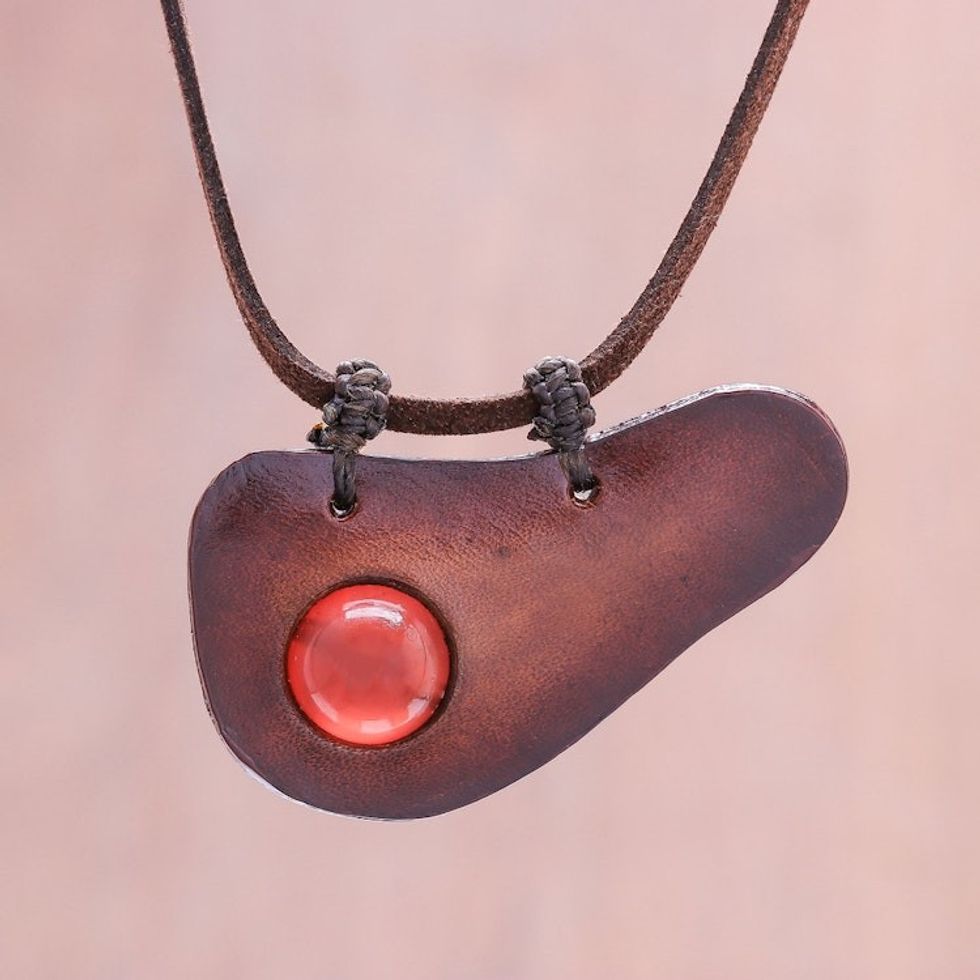 Handmade Carnelian and Leather Pendant Necklace 'Beautiful Avocado'