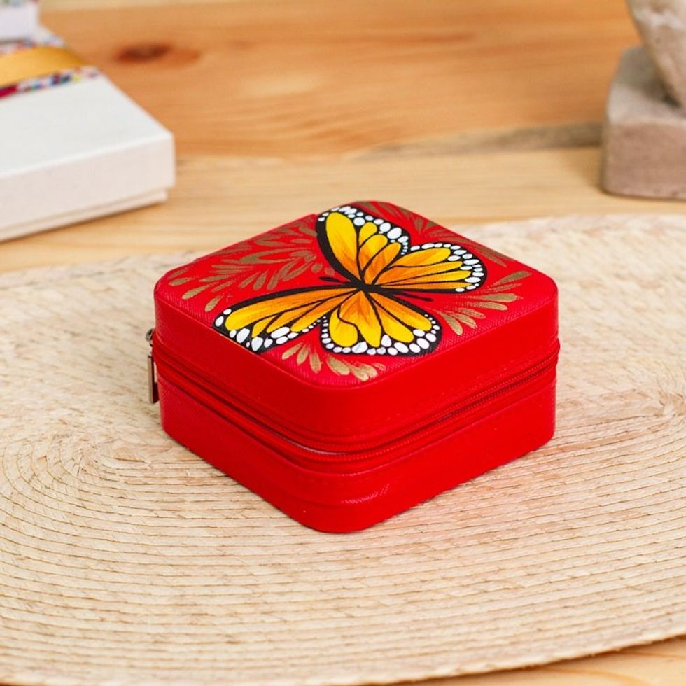 Butterfly-Themed Painted Strawberry Faux Leather Jewelry Box 'Strawberry Illusion'