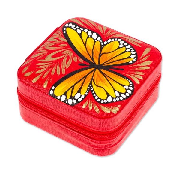 Alternate image for Butterfly-Themed Painted Strawberry Faux Leather Jewelry Box Strawberry Illusion