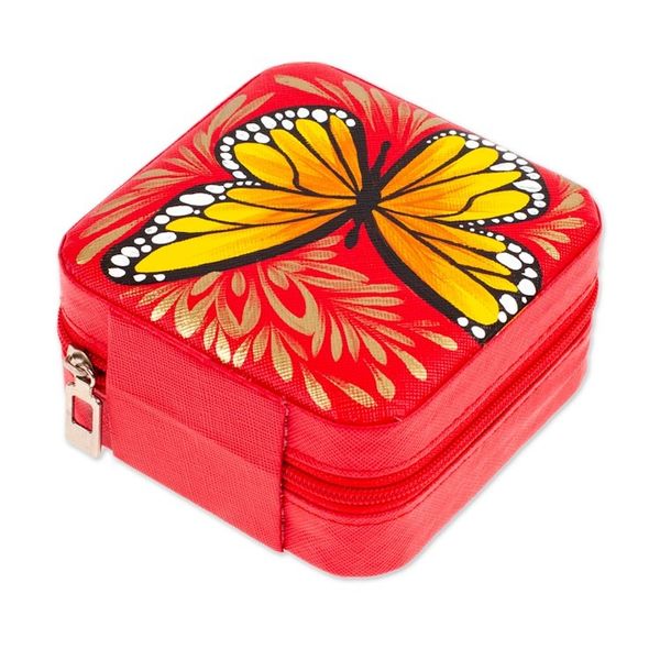 Alternate image for Butterfly-Themed Painted Strawberry Faux Leather Jewelry Box Strawberry Illusion