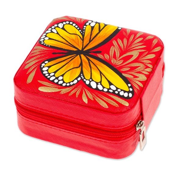 Alternate image for Butterfly-Themed Painted Strawberry Faux Leather Jewelry Box Strawberry Illusion