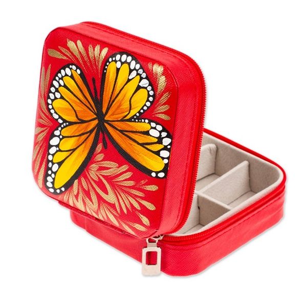 Alternate image for Butterfly-Themed Painted Strawberry Faux Leather Jewelry Box Strawberry Illusion