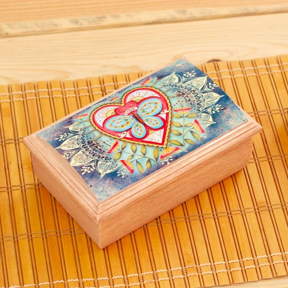 Butterfly and Heart-Themed Decoupage Jewelry Box from Mexico 'Butterfly Heart'