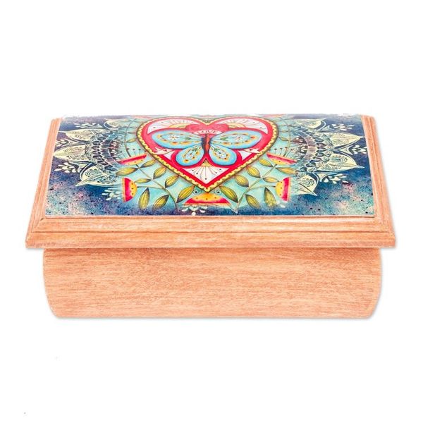 Alternate image for Butterfly and Heart-Themed Decoupage Jewelry Box from Mexico Butterfly Heart