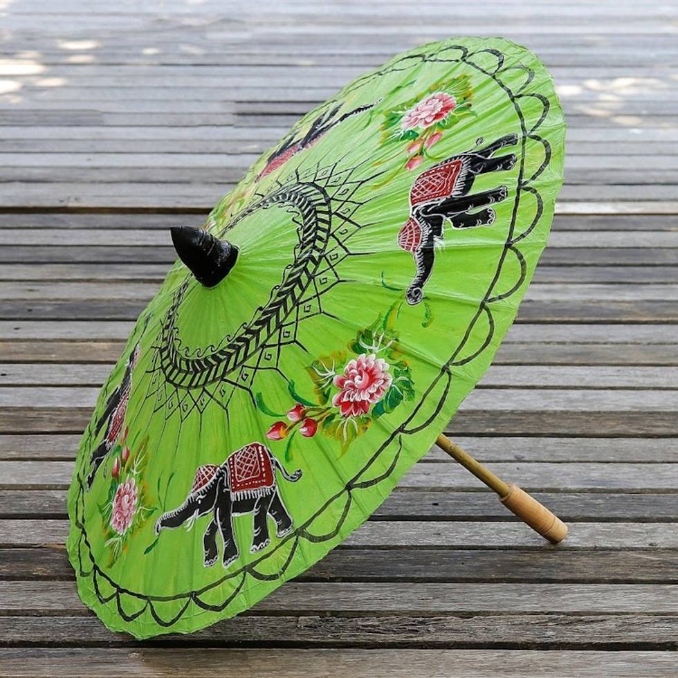 Elephant Motif Paper Parasol in Lime from Thailand 'Elephant Parade in Lime'