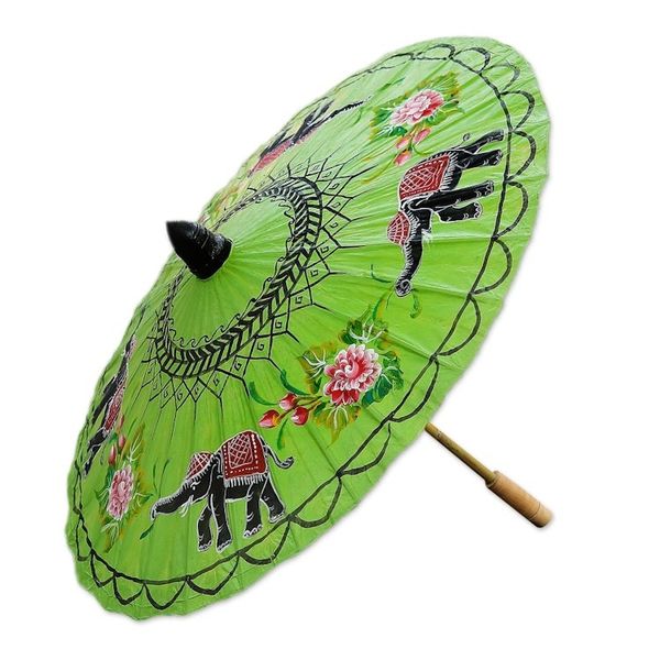 Alternate image for Elephant Motif Paper Parasol in Lime from Thailand Elephant Parade in Lime
