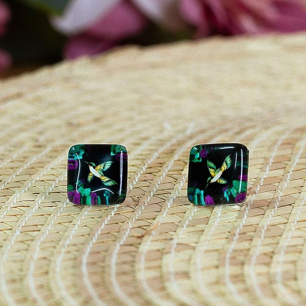 Hummingbird Floral-Themed Decoupage on Glass Stud Earrings 'Hummingbird Nature'