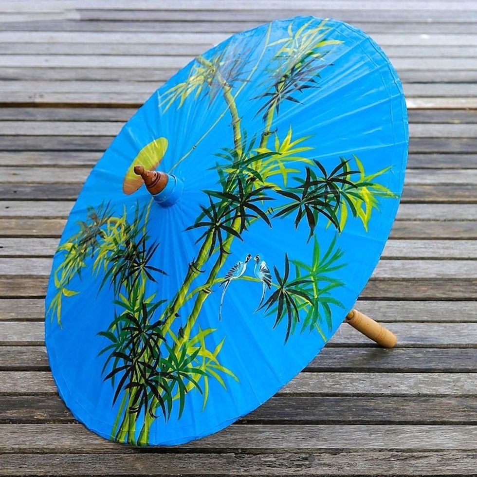 Hand-Painted Bamboo Motif Paper Parasol from Thailand 'Bamboo Sunset'