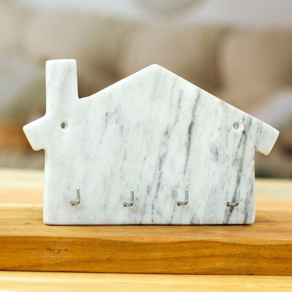 Minimalist House-Shaped White Marble Key Rack 'Homey Secrets'