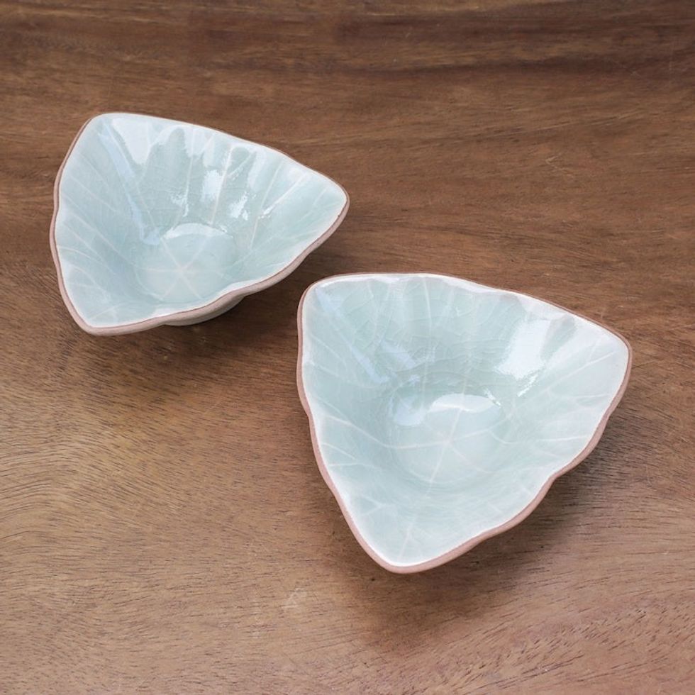 Triangular Celadon Green Ceramic Condiment Servers Pair 'Luxe Leaves in Green'