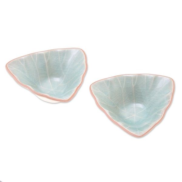 Alternate image for Triangular Celadon Green Ceramic Condiment Servers Pair Luxe Leaves in Green