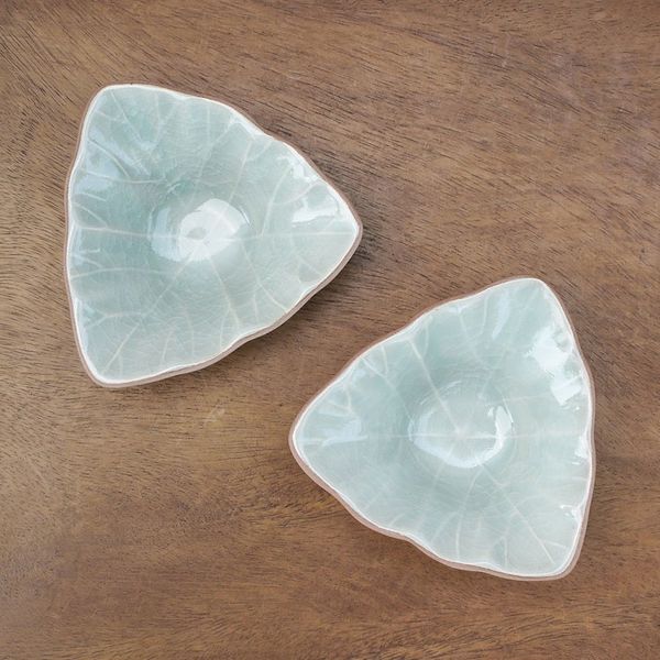 Alternate image for Triangular Celadon Green Ceramic Condiment Servers Pair Luxe Leaves in Green