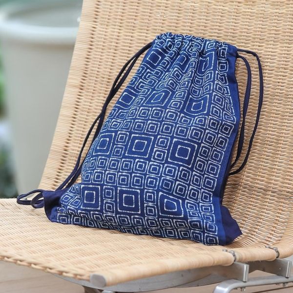 Alternate image for Indigo Blue Batik Cotton Square Motif Drawstring Backpack Indigo Maze