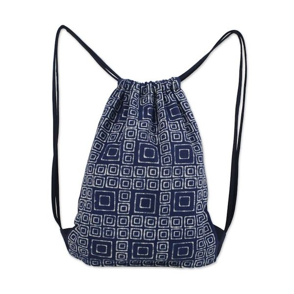 Alternate image for Indigo Blue Batik Cotton Square Motif Drawstring Backpack Indigo Maze
