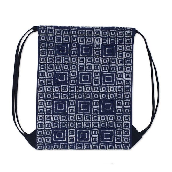 Alternate image for Indigo Blue Batik Cotton Square Motif Drawstring Backpack Indigo Maze
