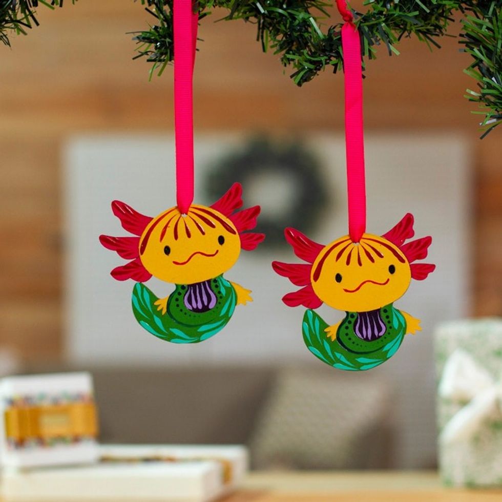 Artisan-Made Axolotl-Shaped Hand-Painted Wood Ornament Pair 'Aquatic Cuteness'