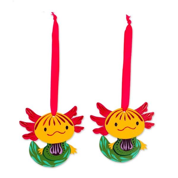 Alternate image for Artisan-Made Axolotl-Shaped Hand-Painted Wood Ornament Pair Aquatic Cuteness