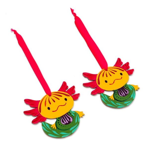 Alternate image for Artisan-Made Axolotl-Shaped Hand-Painted Wood Ornament Pair Aquatic Cuteness