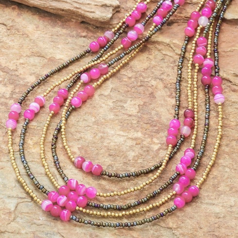Pink Quartz and Agate Beaded Strand Necklace from Thailand 'Boho Elegance in Pink'
