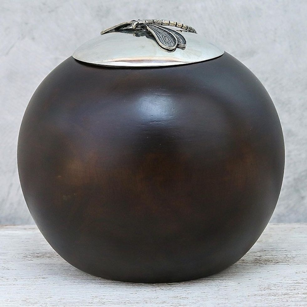 Wood and Pewter Dragonfly Decorative Jar 5 in. 'The Dragonfly'
