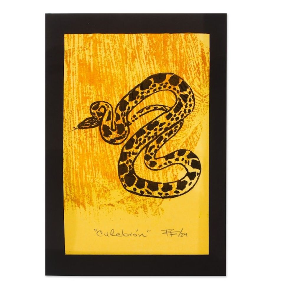 Modern Ink on Paper Snake Wood Block Print with Black Mat 'Cempasuchil Snake'