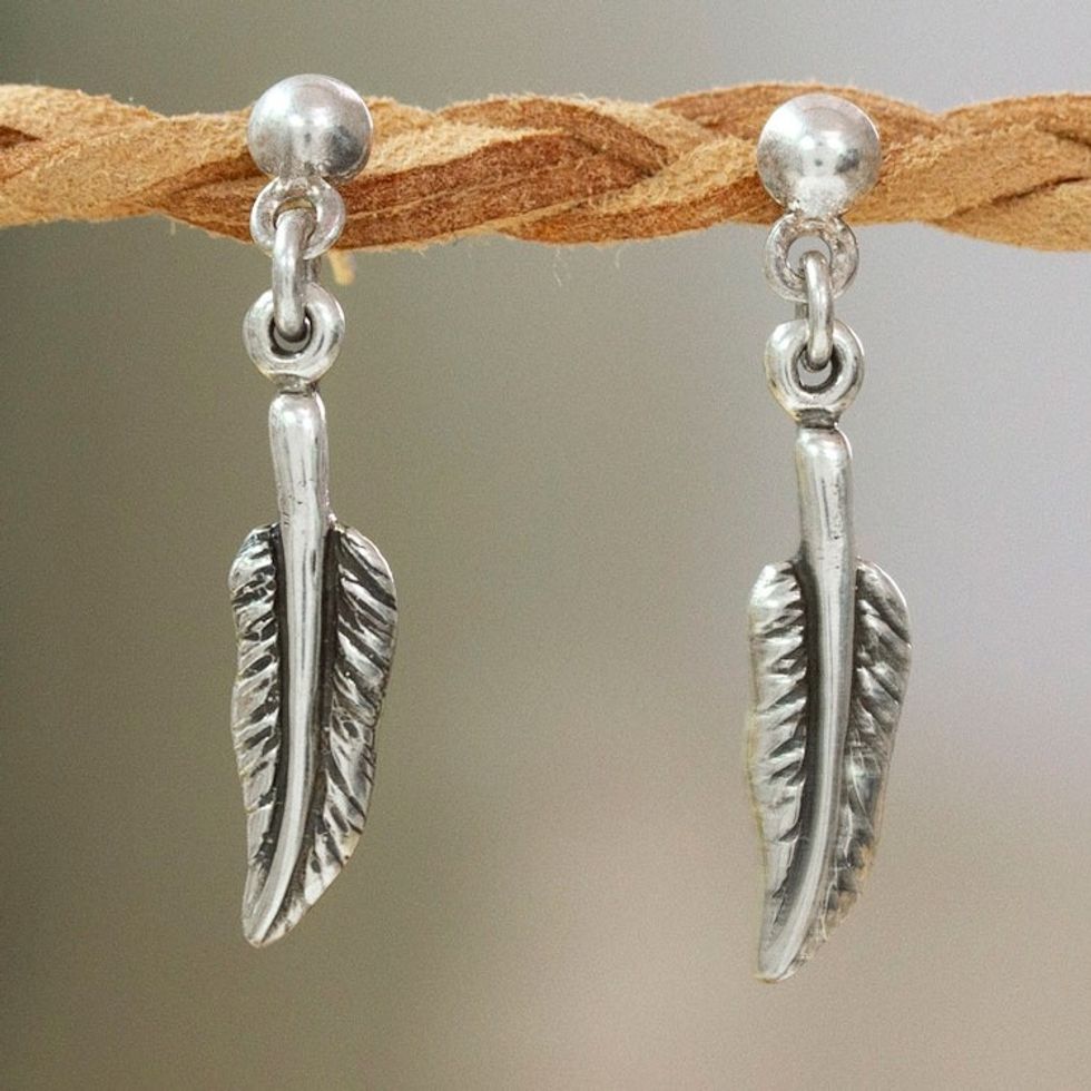Artisan-Made Feather-Shaped Sterling Silver Dangle Earrings 'Feather Dance'