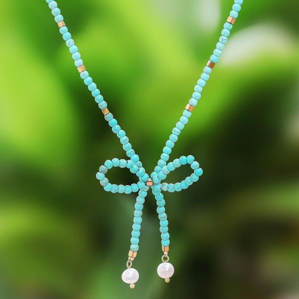 Calcite and Cultured Pearl Beaded Necklace 'Lovely Bow'
