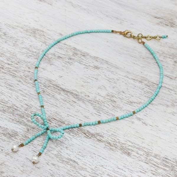 Alternate image for Calcite and Cultured Pearl Beaded Necklace Lovely Bow