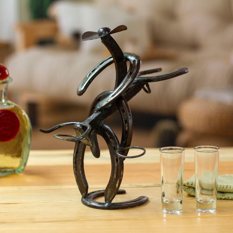 Cowboy Bull Recycled Iron Tequila Glass Stand 2-Piece Set 'Cowboy Toast'