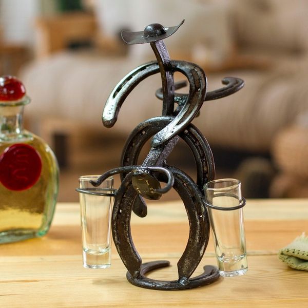 Alternate image for Cowboy Bull Recycled Iron Tequila Glass Stand 2-Piece Set Cowboy Toast