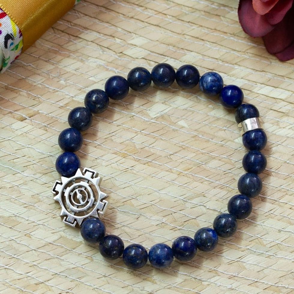 Men's Tiger's Eye Stretch Bracelet with Silver Sun Pendant 'Blue Sublime Sun'