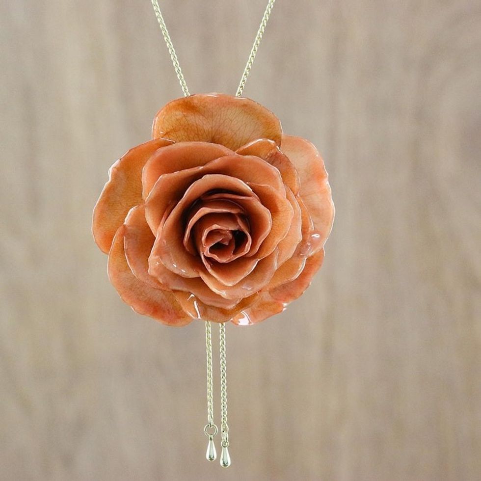 Dark Orange Natural Rose Gold-Plated Lariat Necklace 'Ginger Garden Rose'