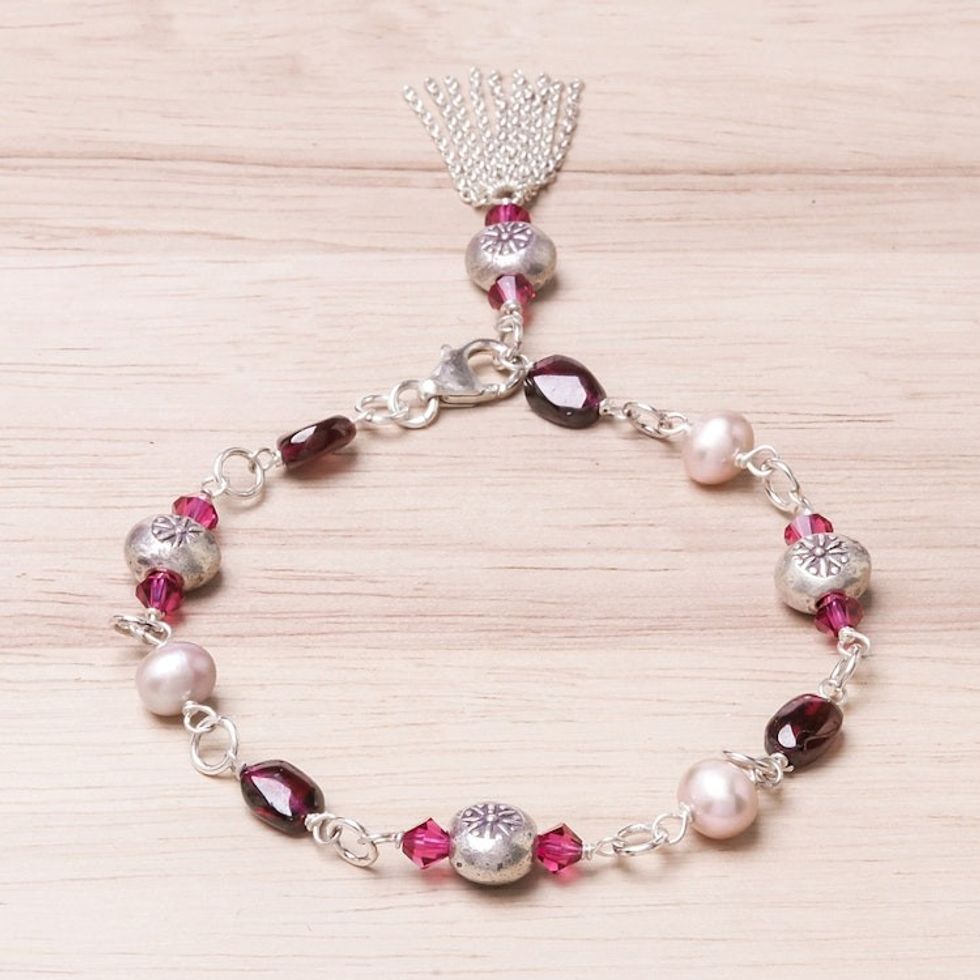 Garnet and Cultured Pearl Sterling Silver Charm Bracelet 'Tangy Sweet'