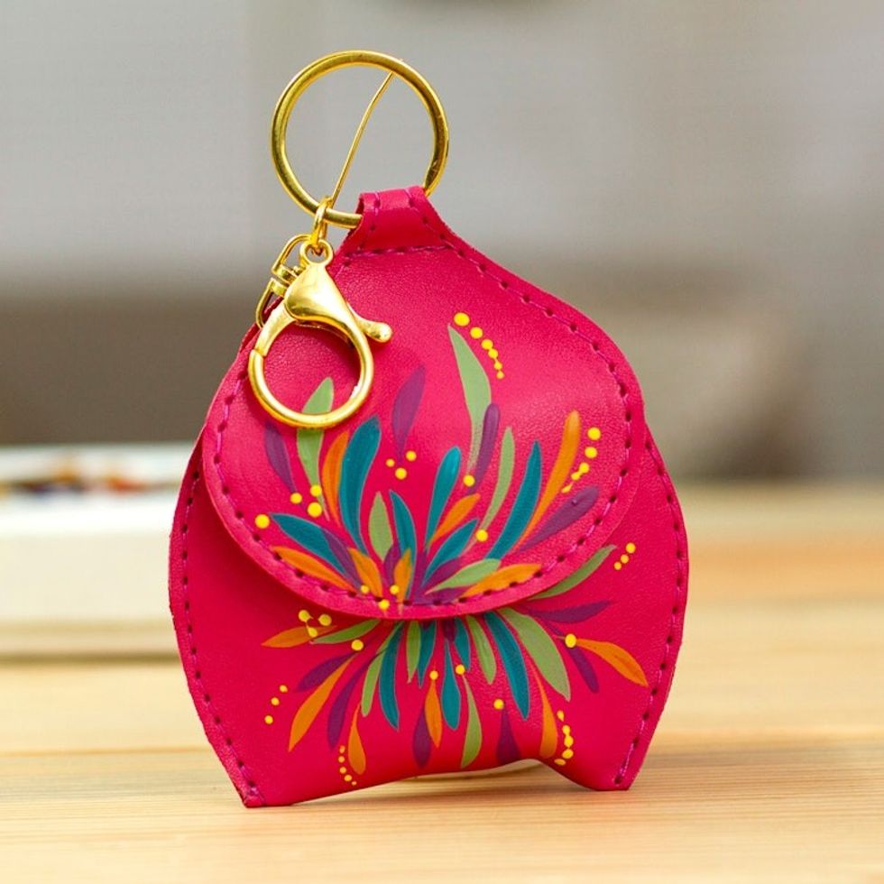 Floral Hand-Painted Fuchsia Faux Leather Coin Purse Keychain 'Fuchsia Coins'