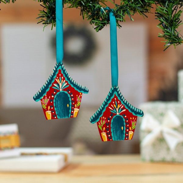 Alternate image for Mexican-Made Hand-Painted Teal and Red Wood Ornament Pair Enchanted Home