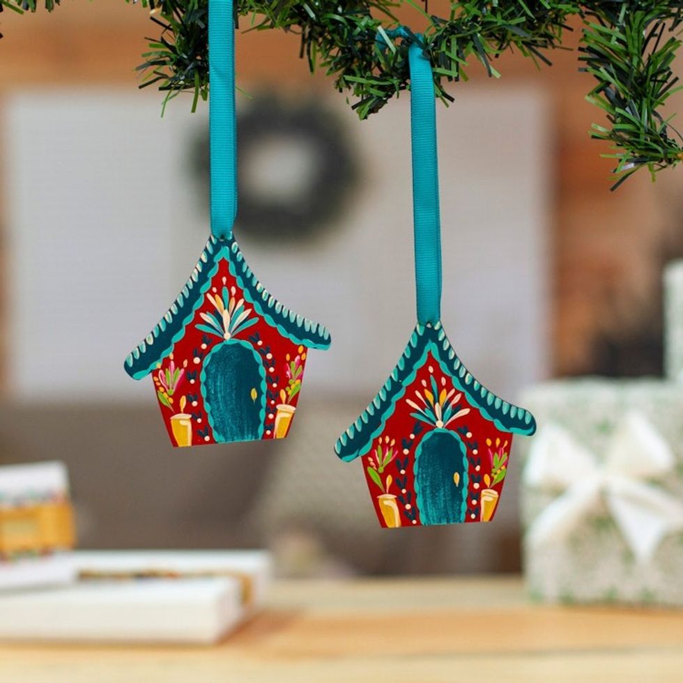 Mexican-Made Hand-Painted Teal and Red Wood Ornament Pair 'Enchanted Home'