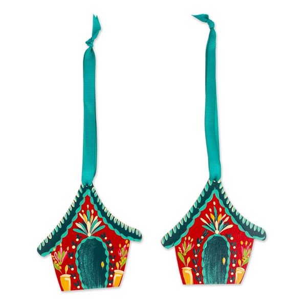 Alternate image for Mexican-Made Hand-Painted Teal and Red Wood Ornament Pair Enchanted Home