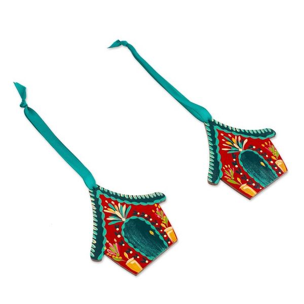 Alternate image for Mexican-Made Hand-Painted Teal and Red Wood Ornament Pair Enchanted Home