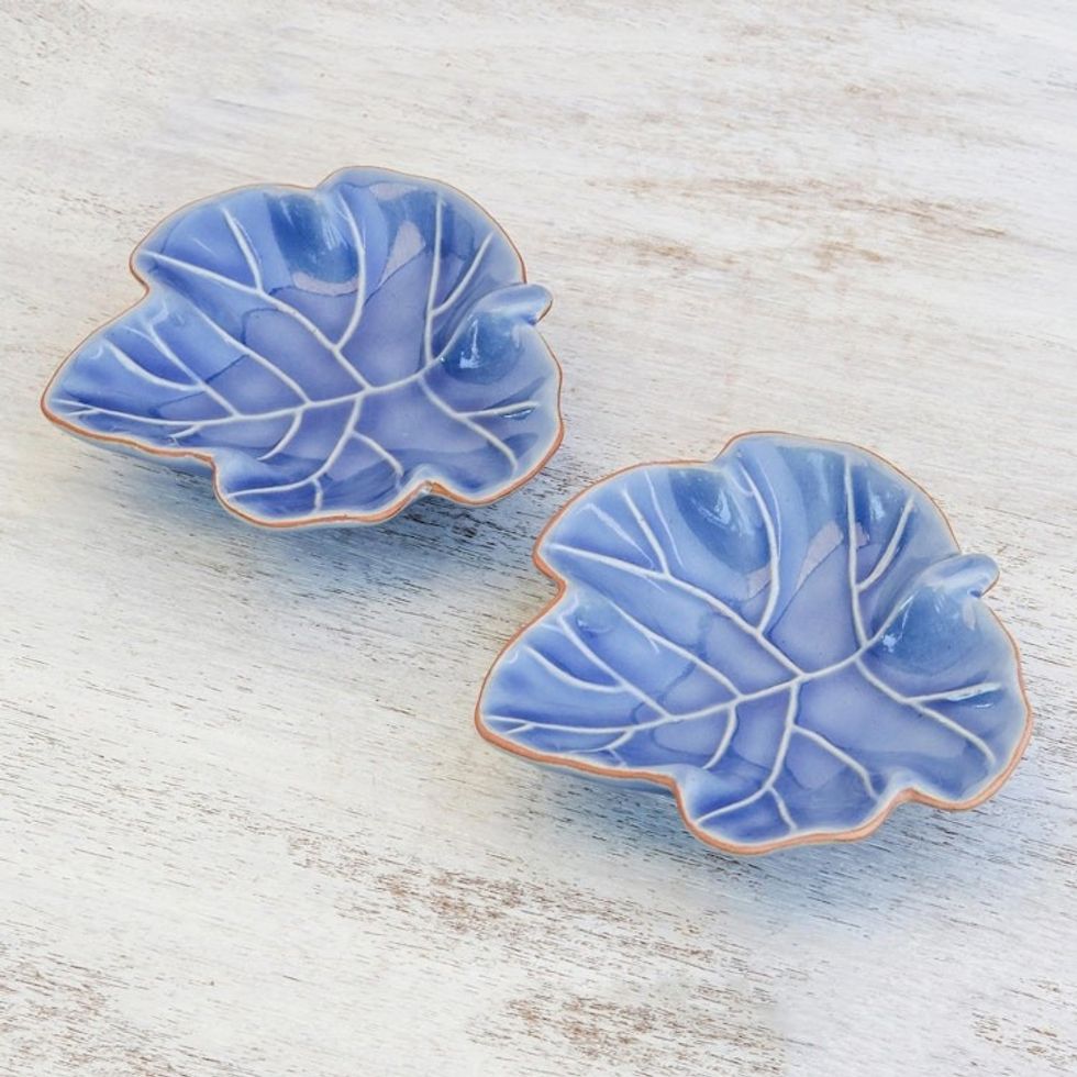 Leafy Blue Ceramic Appetizer Bowls from Thailand Pair 'Ivy Gourd'