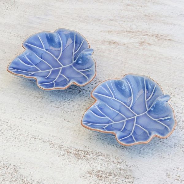 Alternate image for Leafy Blue Ceramic Appetizer Bowls from Thailand Pair Ivy Gourd