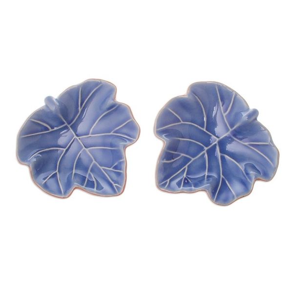 Alternate image for Leafy Blue Ceramic Appetizer Bowls from Thailand Pair Ivy Gourd