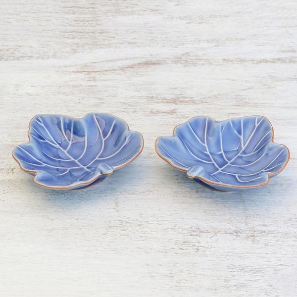 Alternate image for Leafy Blue Ceramic Appetizer Bowls from Thailand Pair Ivy Gourd