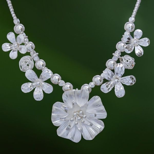 Alternate image for Floral Karen Silver Beaded Pendant Necklace from Thailand Glimmering Bouquet