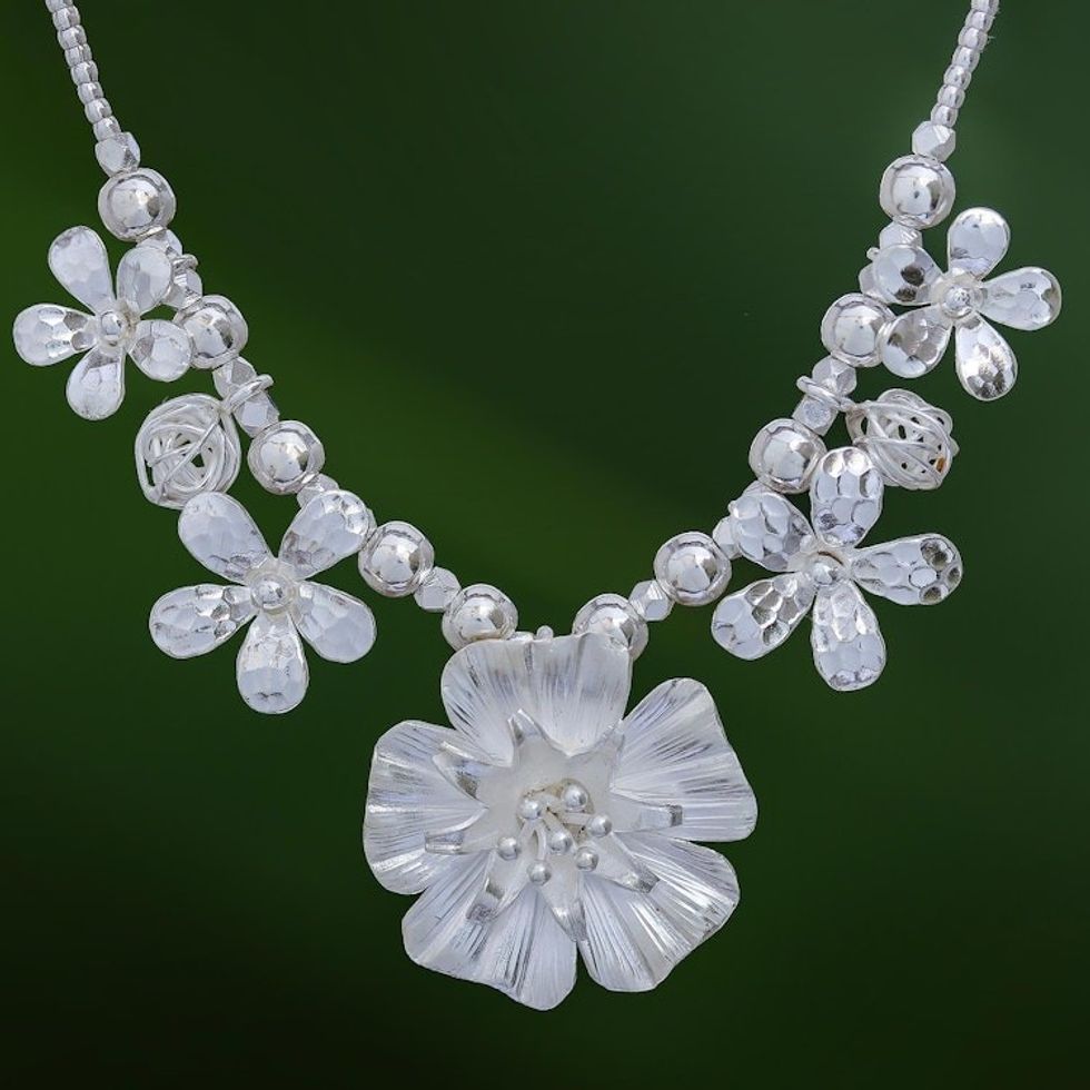 Floral Karen Silver Beaded Pendant Necklace from Thailand 'Glimmering Bouquet'
